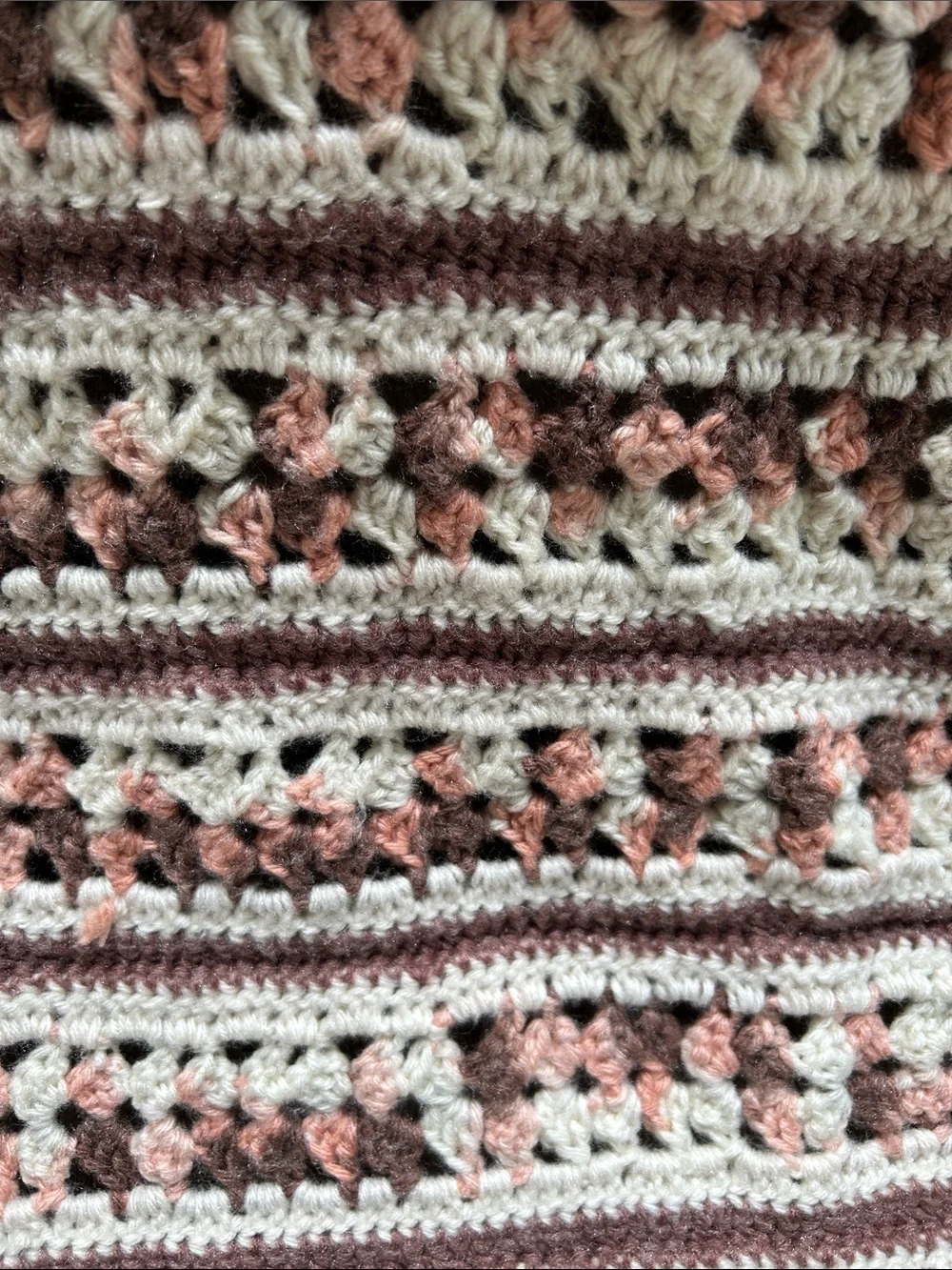 Handmade Crochet Mile-A-Minute Throw Blanket in Taupe, Cream and Blush